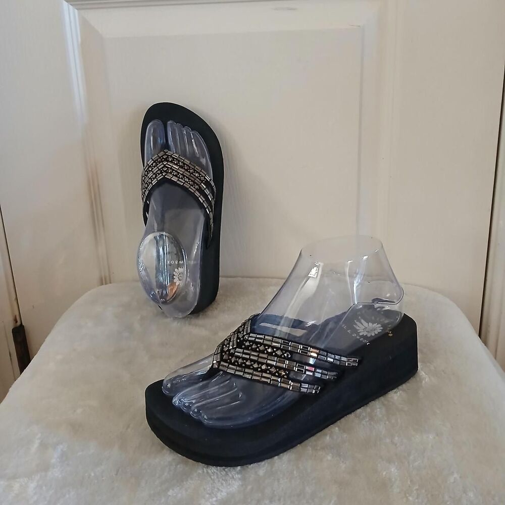 Y2K Style Yellow Box ADEA Rhinestone Platform Wedge Flip Flop Thong Sandals 6
